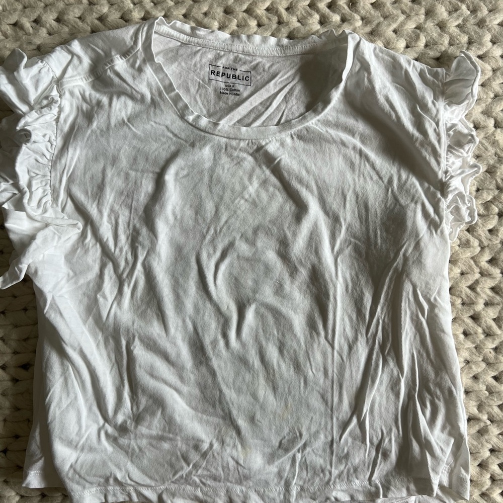 For The Republic White Ruffle Sleeve Tee